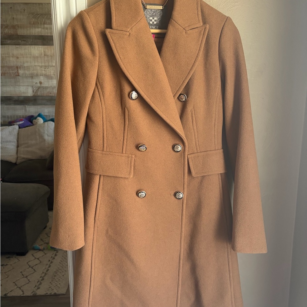 Vince Camuto Double-Breasted Camel/Tan Wool Pea Coat